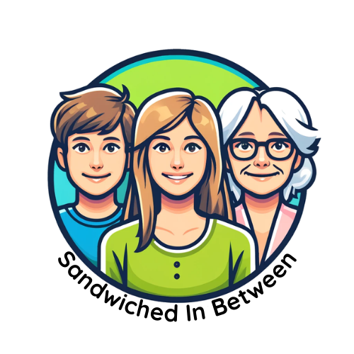 Sandwiched In Between Logo - image of three people - kid, mom, and grandma with the words "Sandwiched in Between" beneath them upport for Sandwich Generation: Balancing Parenthood and Caring for Aging Parents